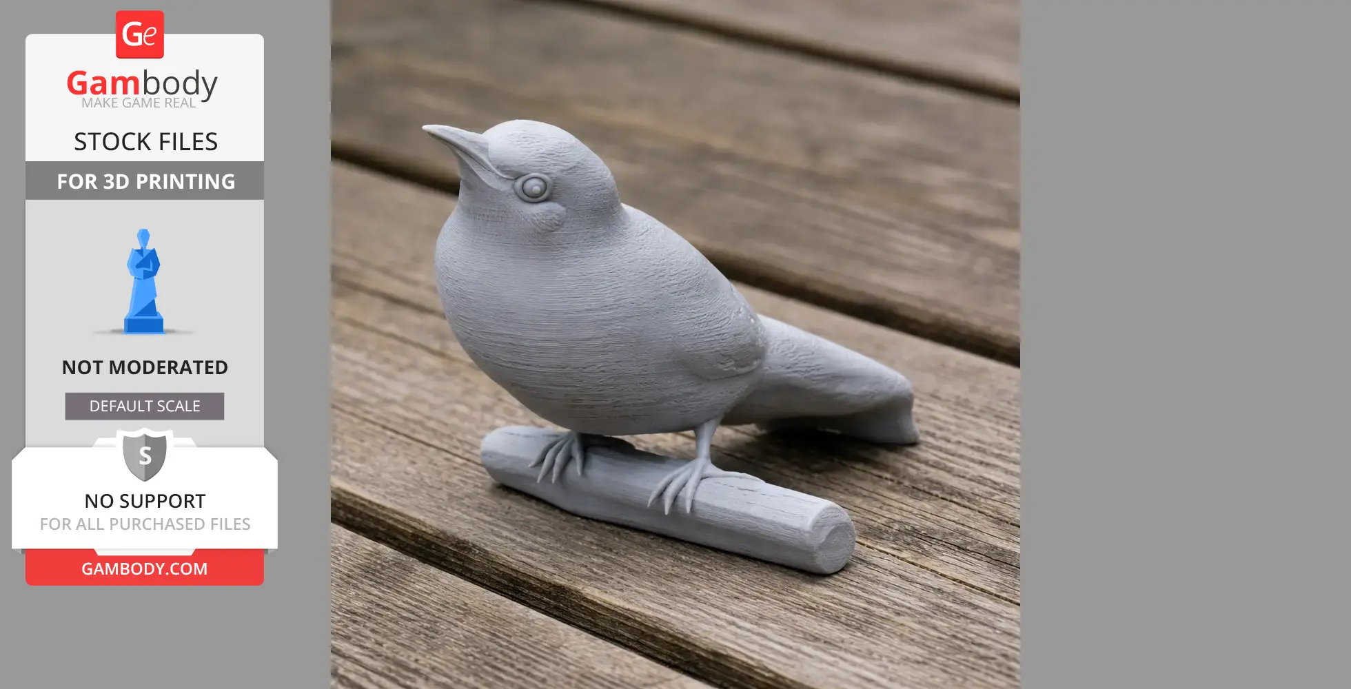 A 3D-printed model of a bird perched on a branch, set on a wooden surface.
