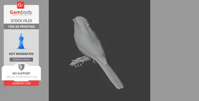 3D model of a bay-backed shrike perched on a branch, detailed with feathers for 3D printing.