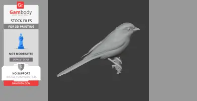 3D model of a bay-backed shrike perched on a branch, designed for printing, displayed in grayscale.