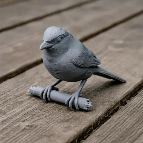 A detailed 3D-printed model of a bird perched on a branch, with realistic feather texture.