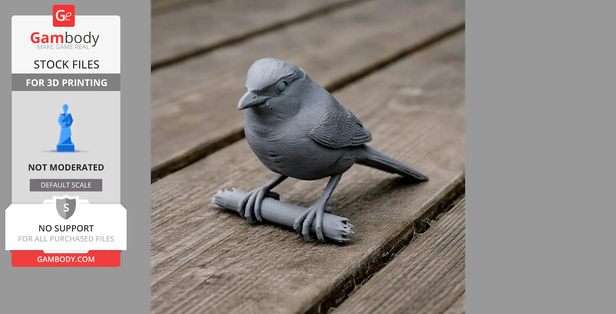 3D printed model of a bay-backed shrike perched on a small branch.