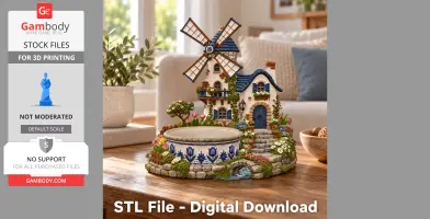 Whimsical windmill house organizer with blue roof, surrounded by flowers and small stream, for 3D printing.