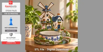 Whimsical windmill house with vibrant plants and a decorative bowl, designed for 3D printing.