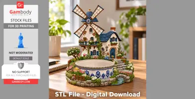A whimsical windmill house organizer with blue roofs, floral details, and a small round compartment.