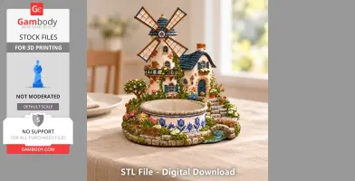 Charming windmill house organizer with floral details, blue roof, and round compartment in a garden setting.