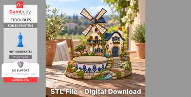 Charming windmill house organizer with floral details, planter bowl, and miniature landscape.