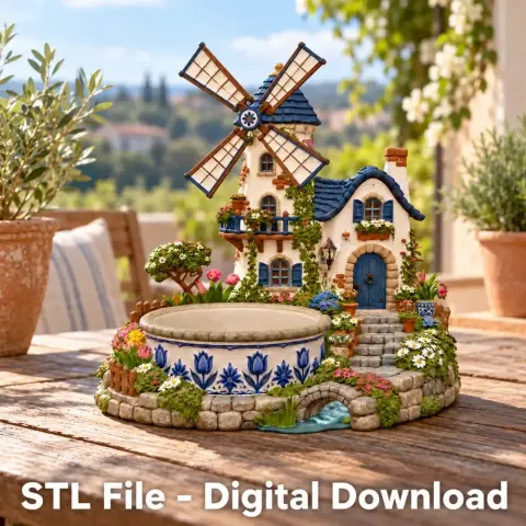A detailed whimsical windmill house organizer with colorful flowers and a charming garden setting.
