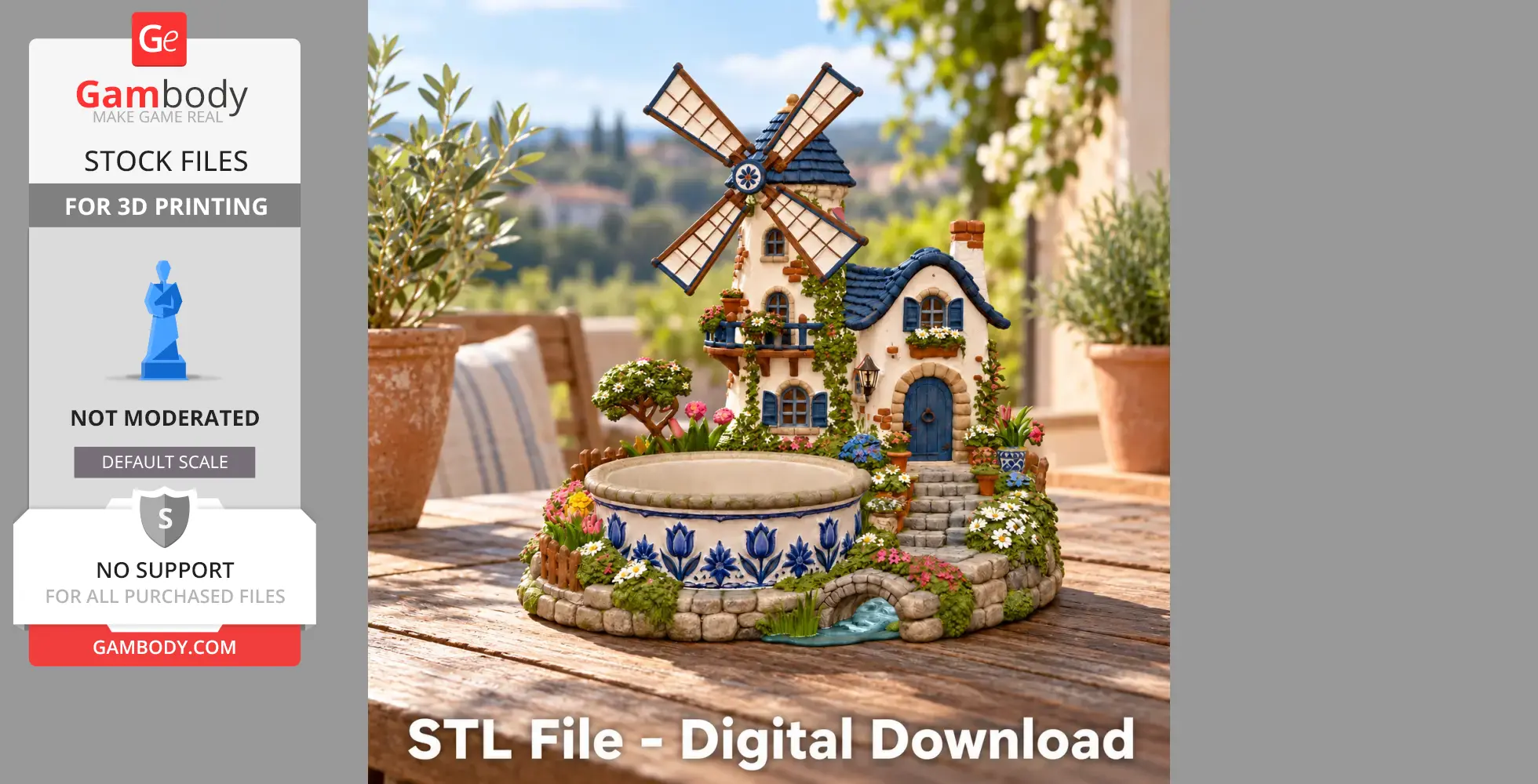 Charming windmill house organizer with floral details, planter bowl, and miniature landscape.