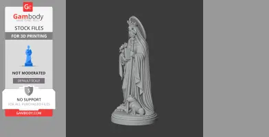 A 3D model of Saint Austrebertha, holding flowers and a staff, with a dog at her feet.