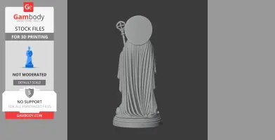 Gray 3D statue of a robed figure holding a staff, with detailed drapery and a circular halo.