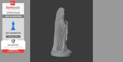 A draped statue with an elongated oval head, holding flowers, standing on a detailed base.