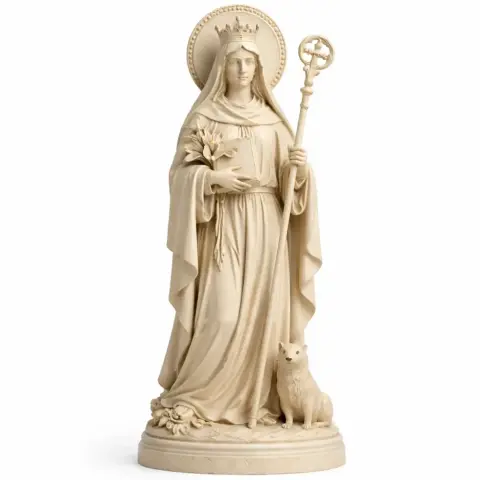A robed statue with a crown holds a staff and flowers, with a small animal at its feet.