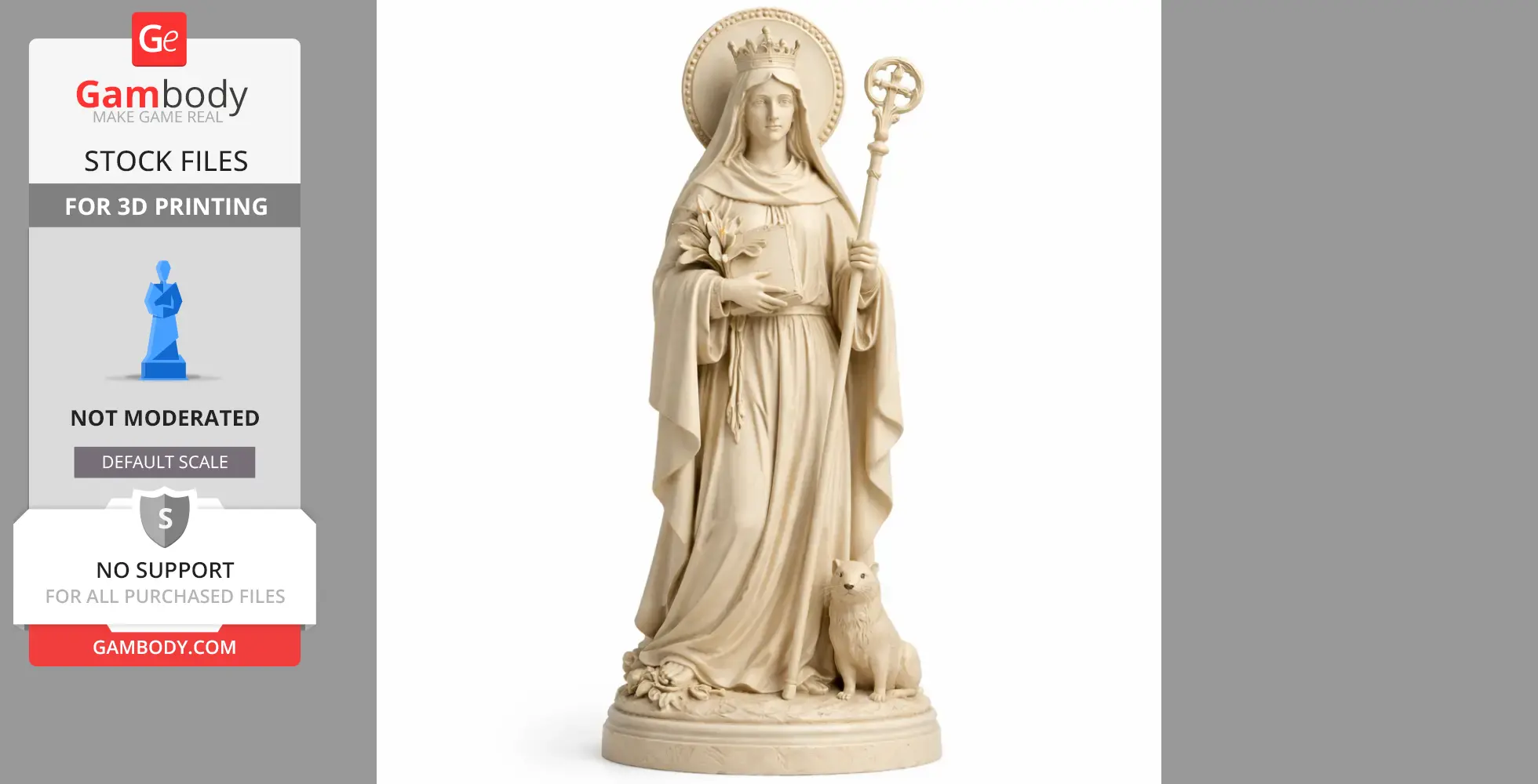 A religious statue of a veiled woman with a staff and flowers, accompanied by an animal.