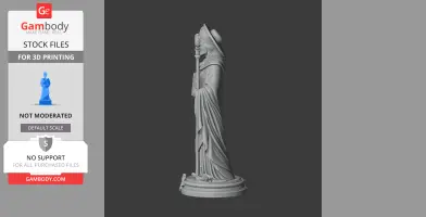 A 3D model of a robed figure holding a staff, wearing a hat, standing on a circular base.
