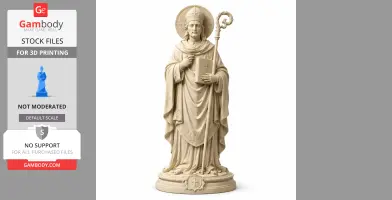 A statue of a saint with a halo, staff, and book, wearing detailed religious attire on a decorative base.