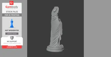 3D model of a draped statue figure with a halo, standing on a decorative base.