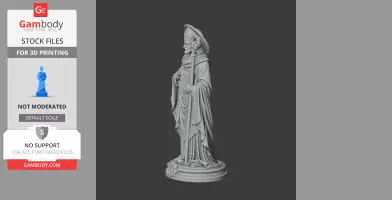 A detailed statue of a robed figure holding a staff and book, wearing a hat, on a round base.