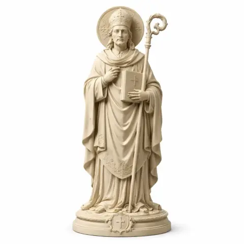 A religious statue of a bishop holding a book and staff, standing on a decorated base.