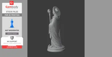 A detailed 3D model of a robed figure holding a staff, wearing a wide-brimmed hat, and standing on a base.