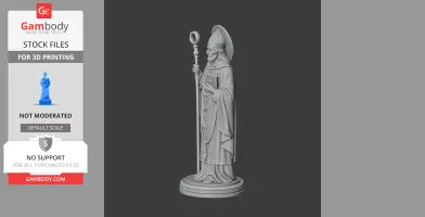 A detailed 3D model of a saint holding a staff and book, dressed in religious attire, standing on a round base.