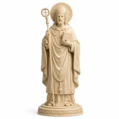 A detailed statue of a robed saint holding a staff and book, with ornate decorations on a round base.