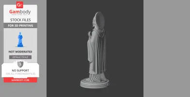 A 3D model of a robed saint with a halo, holding a book, on a decorative base.