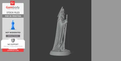 A 3D printable devotional statue of a robed saint holding a staff, viewed from the side.