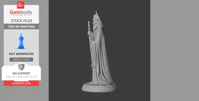 A detailed 3D model of a robed saint holding a staff and book, ideal for 3D printing.