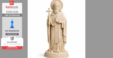 A detailed statue of Saint Autonomus holding a cross and book, wearing robes and a bishop's hat.