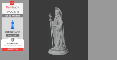 A 3D model of a religious figure in robes holding a cross-topped staff and a book, standing on a round base.