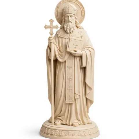 A detailed 3D statue of a saint with a cross staff and ornate robes, designed for 3D printing.
