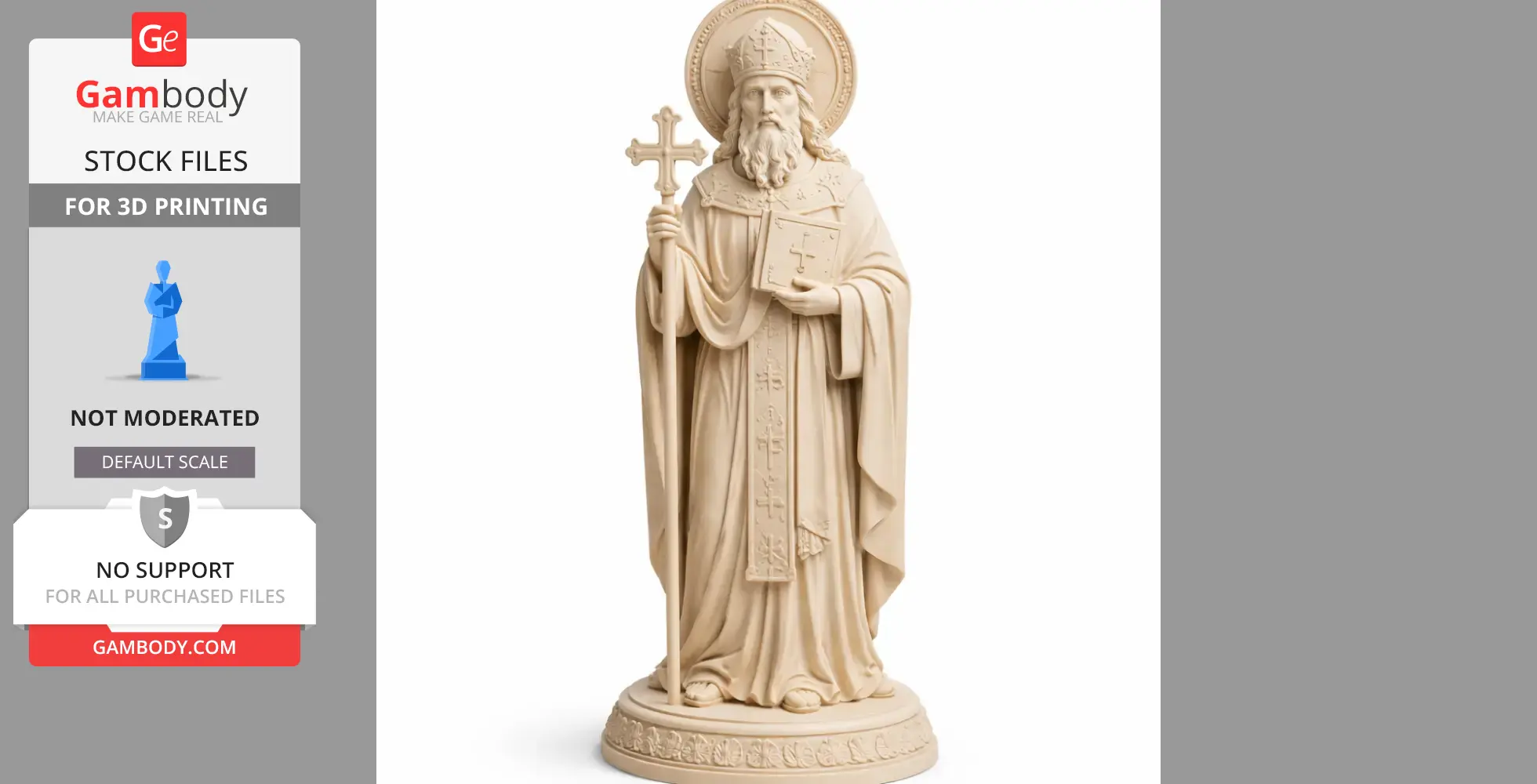 A detailed statue of Saint Autonomus holding a cross and book, wearing robes and a bishop's hat.