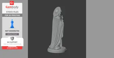A 3D model of a robed figure with a large halo, holding a cross, standing on a round base.
