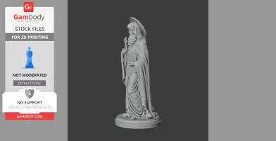 A 3D model of a bearded saint holding a cross and book, wearing robes and a halo, standing on a base.