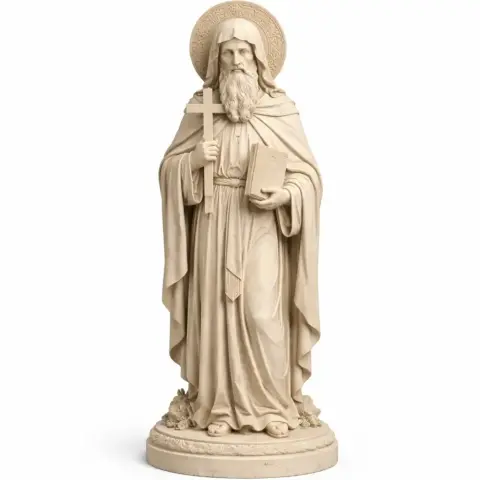 A 3D model of Saint Auxentius holding a cross and book, wearing a robe and halo, ideal for 3D printing.