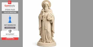 A 3D model of Saint Auxentius holding a cross and book, with a detailed robe and halo.