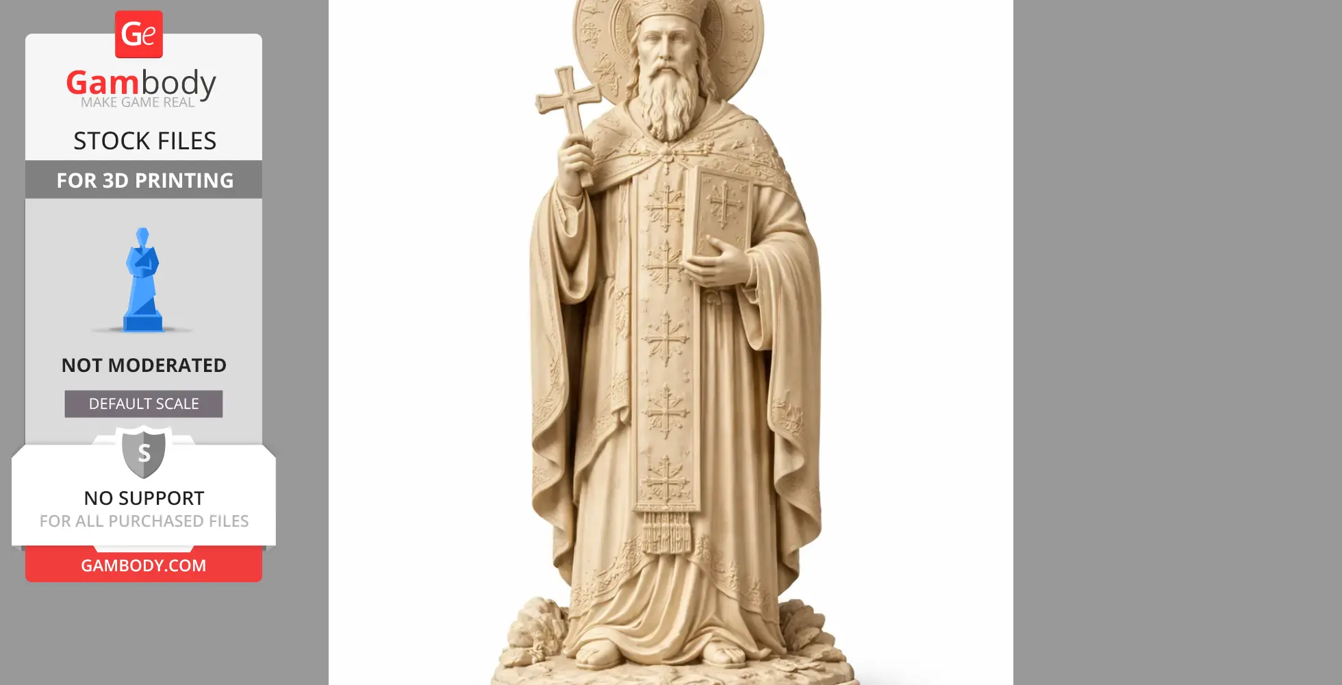 A 3D model of a robed saint holding a cross and book, with a detailed halo and ornate garments.