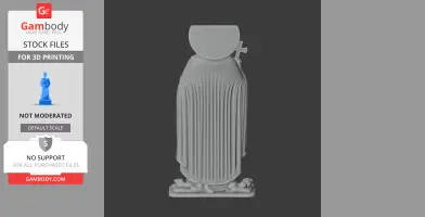 A 3D model of a draped figure with a half-circle headpiece and a cross, standing on a detailed base.