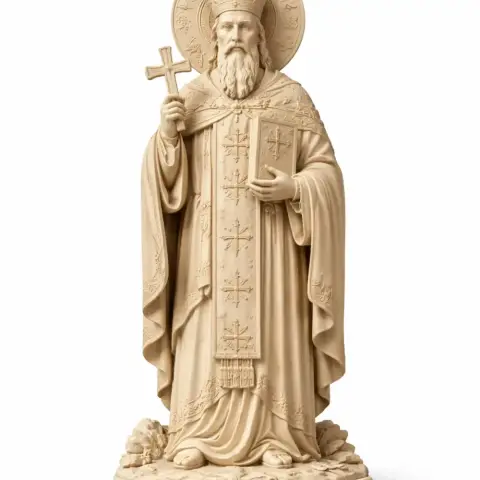 A 3D model of Saint Auxentius holding a cross and book, wearing ornate religious attire.