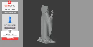 3D model of Saint Auxentius holding a cross, wearing robes and a hat, on a textured base.
