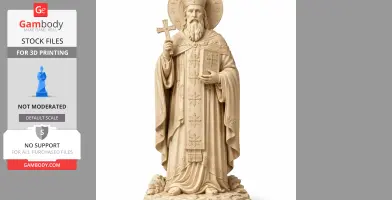 A 3D model of a robed saint holding a cross and book, with a detailed halo and ornate garments.