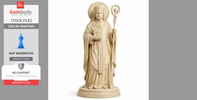 A detailed 3D printable statue of a bishop holding a staff and book, wearing ornate robes and a mitre.