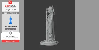 A 3D model of a saintly bishop holding a staff, wearing a mitre and robe, standing on a round base.