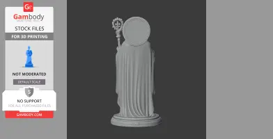 A draped bishop statue with a staff, on a round base, designed for 3D printing.