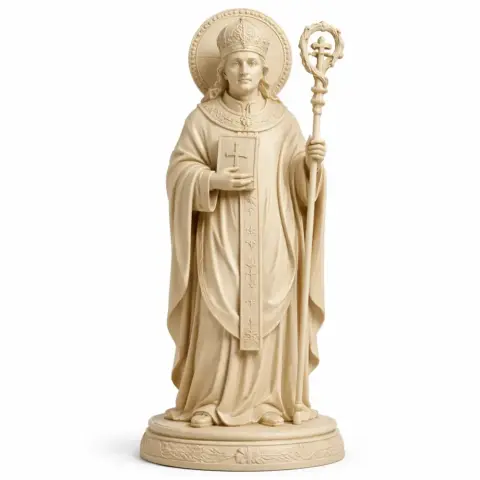 A 3D model of a saintly bishop holding a staff, wearing ornate robes and a mitre.