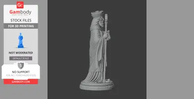 A detailed statue of a crowned figure holding a staff, wearing robes, on a round base.