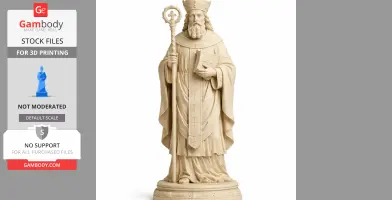 A detailed statue of Saint Aventinus holding a staff and book, dressed in religious robes and a hat, on a pedestal.