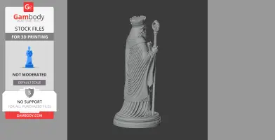 A 3D model of a saintly figure wearing a crown, holding a staff, and draped in flowing robes on a decorated base.