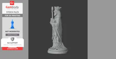 A 3D printable statue of a robed figure with a staff and book, standing on a decorative base.