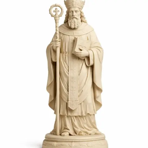 A detailed 3D printable statue of a bearded religious figure holding a staff and book, wearing a robe and mitre.